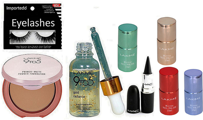importedd eyelashes, serum,primer matte powder foundation,stick kajal,(Set of 8)