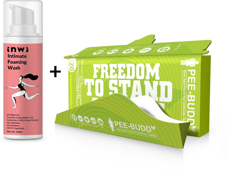 inwi Intimate Foaming Wash for Intimate Area - 150 ML free PeeBuddy Disposable Portable Female Urination Device - 10 Funnels(2 Items in the set)