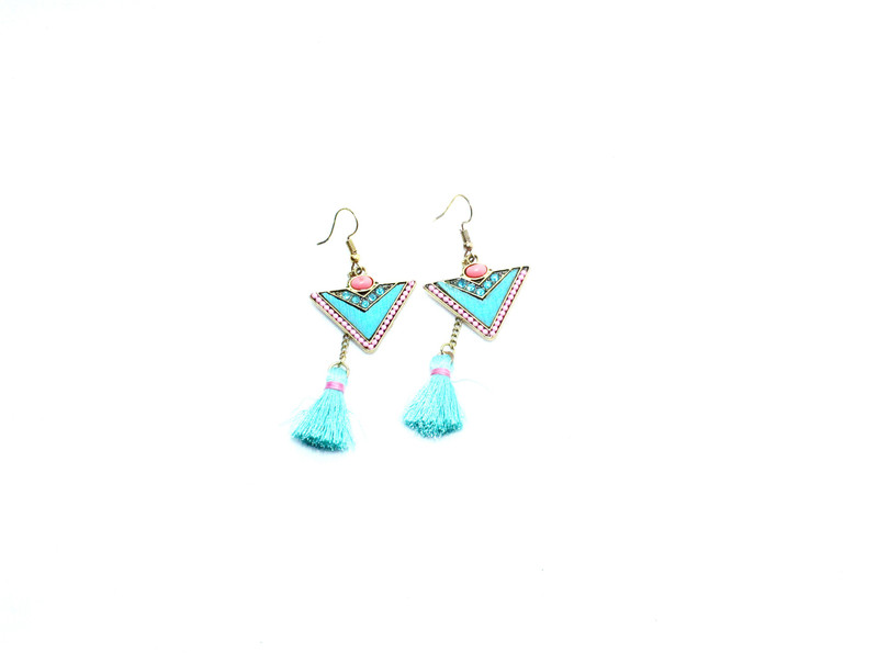 premia Triangle Shaped Hoop ThreadDangle Drop Earring (sky blue) Silk Dori Hoop Earring