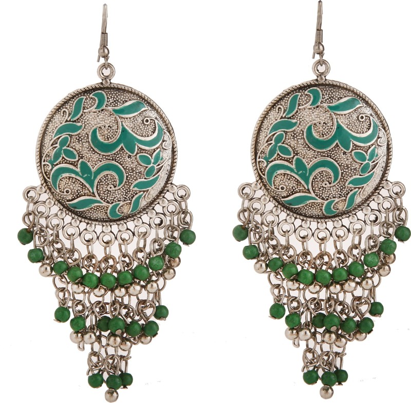 Maysa Afghani antique Long drop Oxidised Green Tussle German Silver Hoop Earring