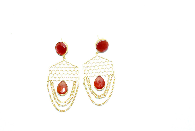 premia Gold Plated, Indian Red Color Crystal With Hanging Chain Gorgeous Earring Brass Drops & Danglers
