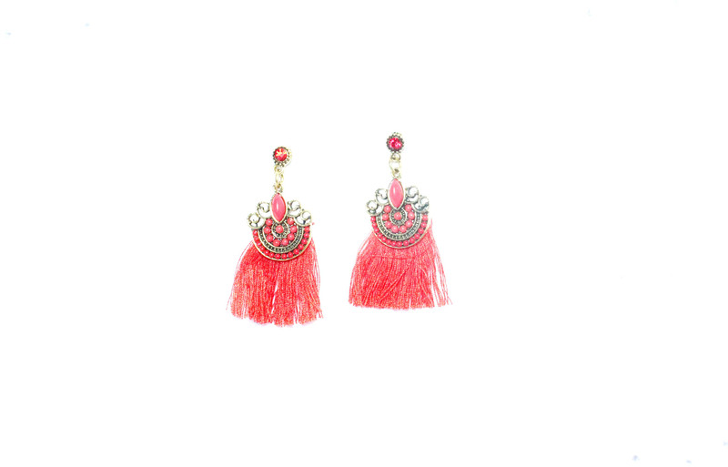 premia Stone, Beads Design Oxidized Gold Thread Work Dangle & Drop Light Fabric Tassel Earring