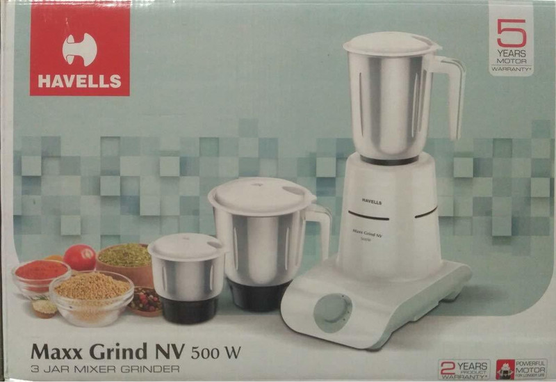 Havells Maxx Grind NV 500W, White and Grey, 3 Jar Maxx Grind NV 500 Mixer Grinder(White, Grey, 3 Jars)