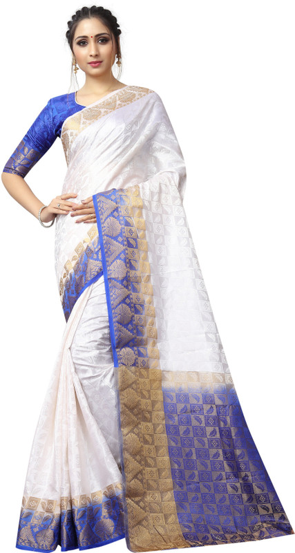 missfab Woven Banarasi Nylon Saree(White, Blue)