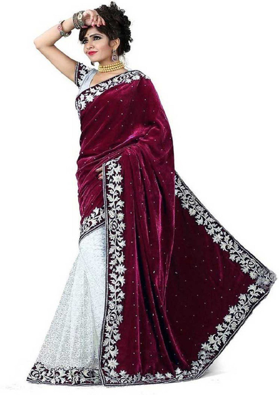 impression fab Embroidered, Embellished Bollywood Velvet, Net Saree(Maroon)