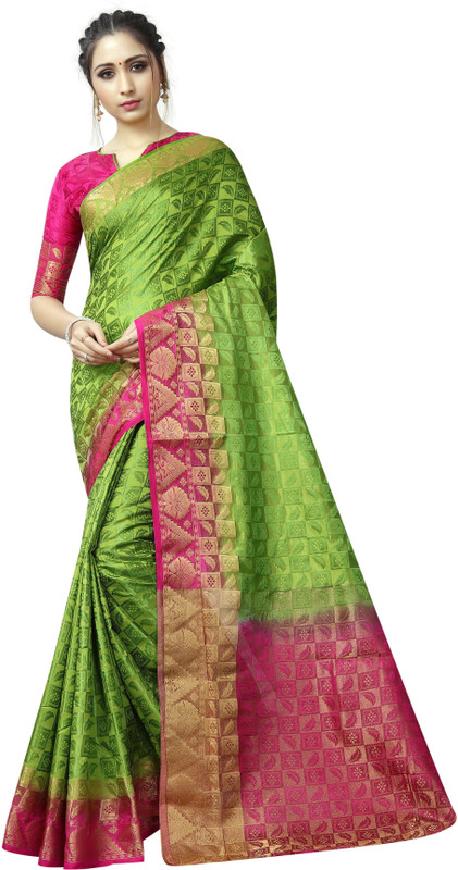 missfab Woven Banarasi Nylon Saree(Green, Pink)