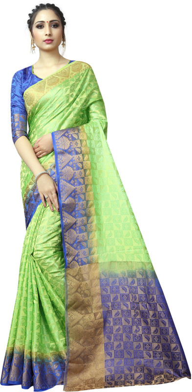 missfab Woven Banarasi Nylon Saree(Green, Purple)