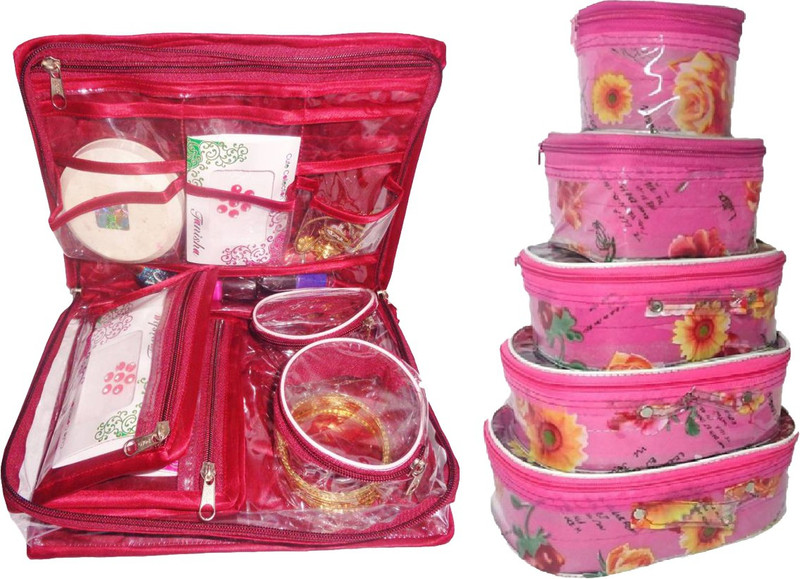 indigenous combo of jewellery kit makeup pouch cosmetic organizer and 5 slot hanki toiletry kit vanity box Vanity Box(Pink)