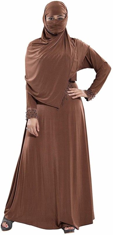 TUCUTE (BROWN-DN-30) Lycra Blend Solid Abaya With Hijab(Brown)