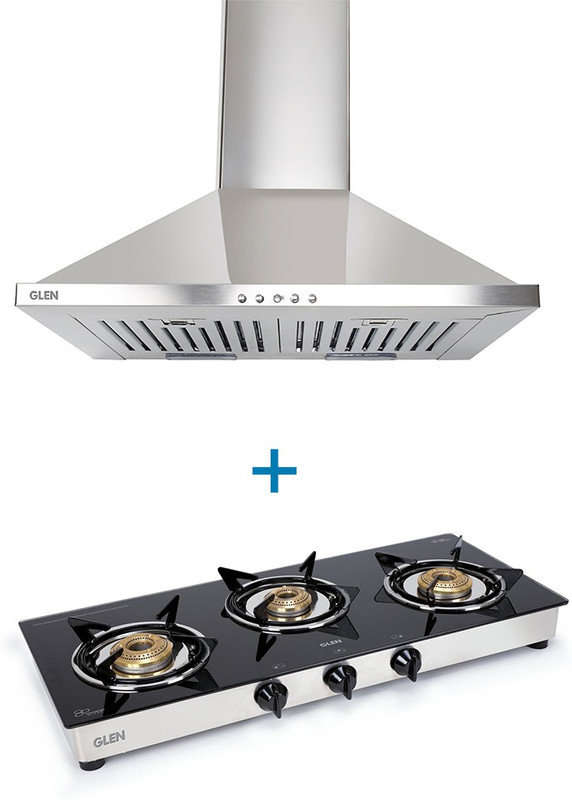 GLEN Designer Chimney 6075 SS 60cm Baffle filter 750 with 3 Burner ISI LPG Gas Stove 1030 GT Junior Brass Burners Wall Mounted Chimney(BLACK 750 CMH)