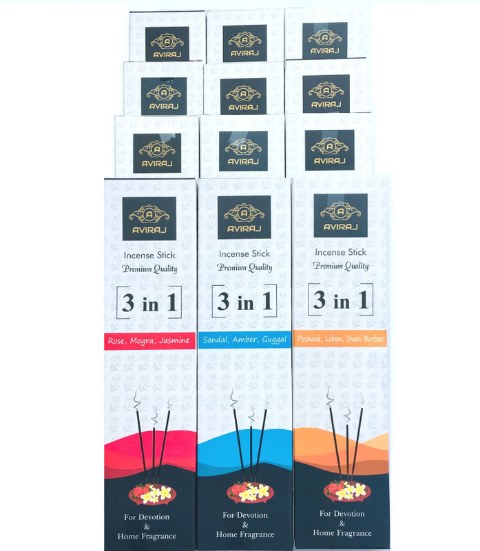 aviraj Combo of 9 Premium Incense Stick 3-in-1(Pack of 12) Rose, Jasmine, Mogra, Shahi Darbar, Poshak, Loban, Sandal, Amber, Guggal Agarbattis(56 Units)