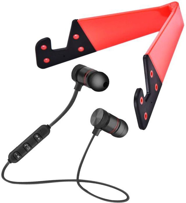 techfit Headset Accessory Combo for Premium Quality V-Shaped, Universal Foldable Mobile Cell Phone Stand, Holder and Magnetic Bluetooth Headphone, Headset Sports Earphone Handsfree Calling, For All Smart Phones , Oppo, Vivo, Samsung, Redmi Xiaomi Mi(Multicolor)