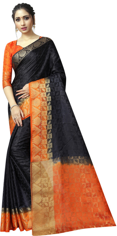 missfab Woven Banarasi Nylon Saree(Black, Orange)