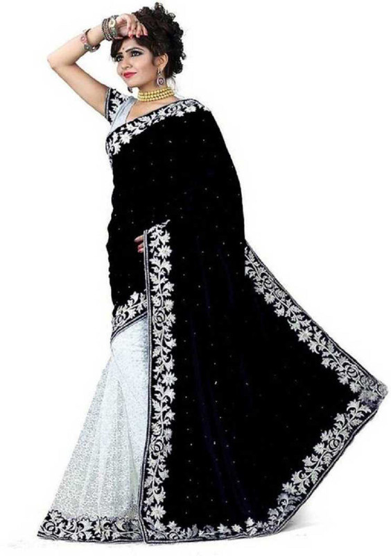 impression fab Embroidered, Embellished Bollywood Velvet, Net Saree(Black)