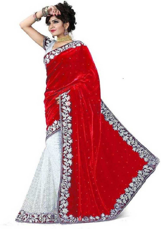 impression fab Embroidered, Embellished Bollywood Velvet, Net Saree(Red)