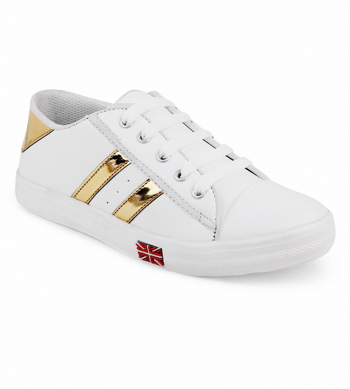 Bella Toes Women's White Synthetic Leather Sneakers Shoes Sneakers For Women(White, Gold)