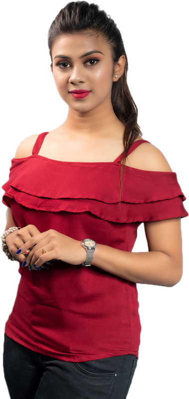 alish enterprise Party Short Sleeve Solid Women Maroon Top