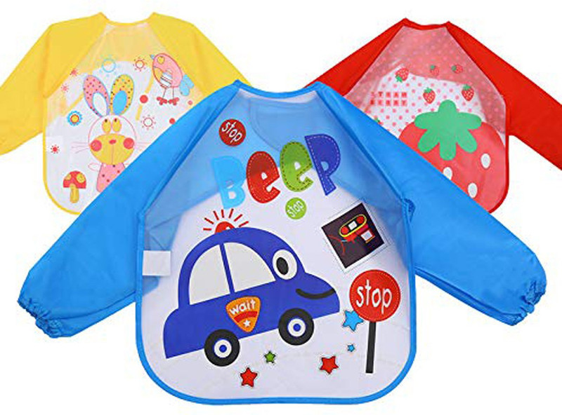 FOK 3 Pc Full Sleeves Washable Waterproof Feeding Bib for Babies and Kids (Multicolor)(Multicolor)
