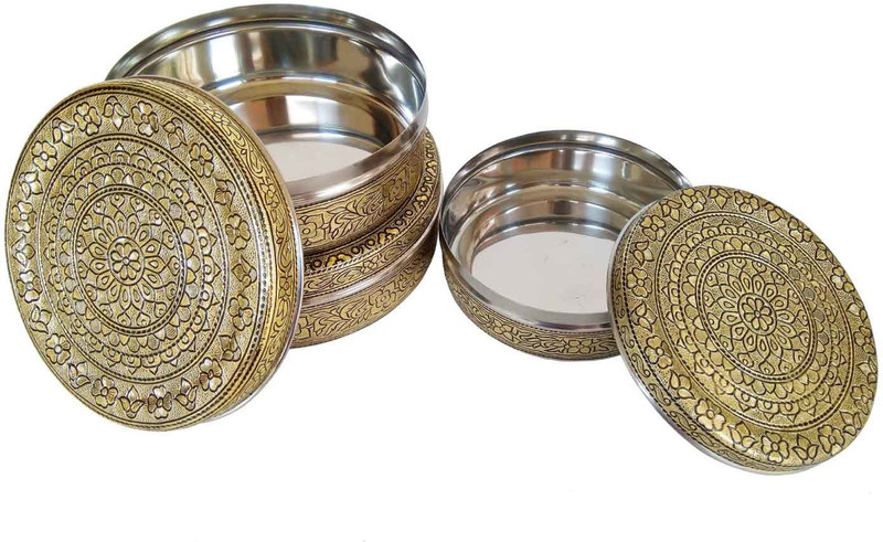 lavender craft LC-SS-FLOWER-3CONTAIN-G.OX.  - 750 ml, 1000 ml, 1250 ml Steel Grocery Container(Pack of 3, Gold)