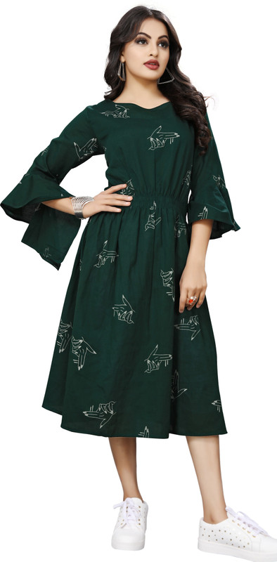 unnatifab Women Fit and Flare Dark Green Dress