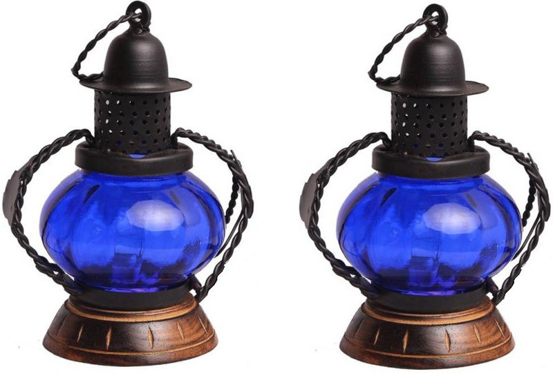 wood city handicrafts Blue, Black Wooden Table Lantern(17.78 cm X 12.7 cm, Pack of 2)