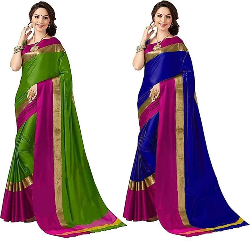 vedvastlay Self Design Kanjivaram Cotton Silk Saree(Pack of 2, Multicolor)