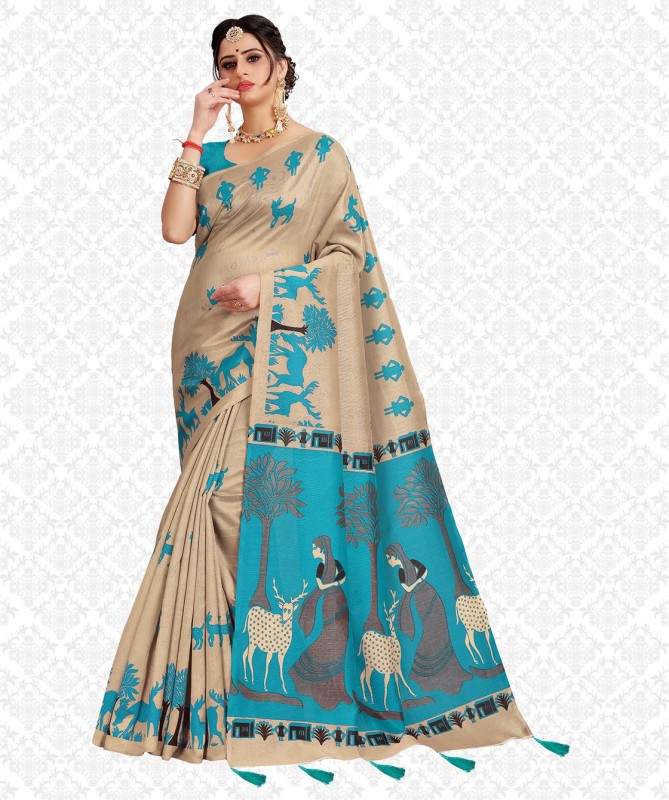 Divastri Printed, Self Design, Embellished, Animal Print Fashion Cotton Blend, Khadi Silk Saree(Light Blue, Beige)