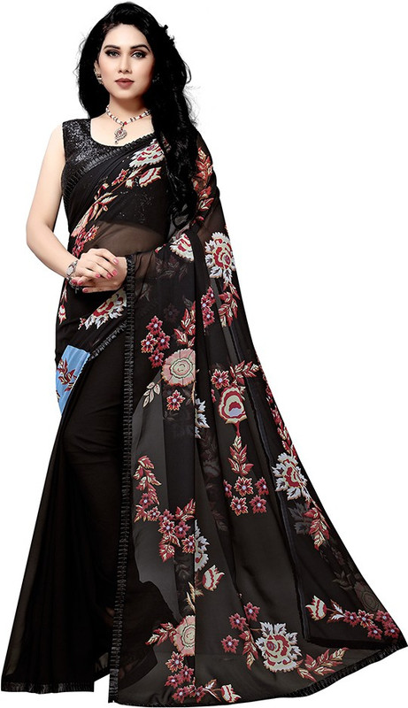 astha bridal Floral Print Bollywood Georgette Saree(Black)