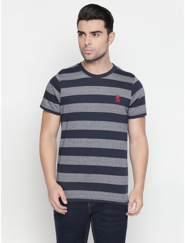Giordano Striped Men Round Neck Dark Blue T-Shirt
