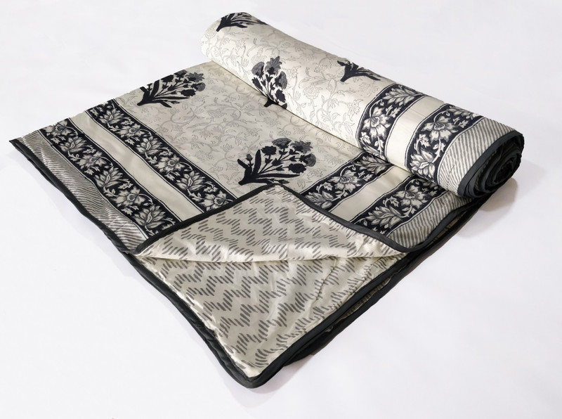 blockofind Floral Single Dohar(Cotton, Grey, Black)