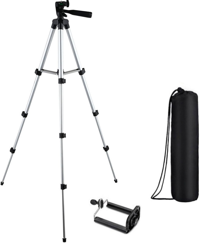 snowbudy Tripod-3110 Camera Mobile Stand With Three-Way Head & Quick Release Plate For Video Cameras, Digicam and mobile clip holder for Mobiles & Smartphones Tripod(Silver, Black, Supports Up to 1500 g)