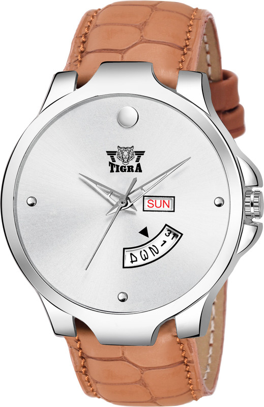 tigra Mens Analogue Silver Round Dial Alloy Case Day Date Leather Strap Mens Wrist Watches TG-504-BL 500 Analog Watch  - For Men