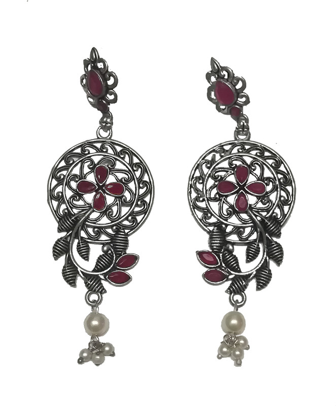 glam and glitterz Flower and leaves crafted long oxidised drop and dangle earring Alloy, German Silver Drops & Danglers