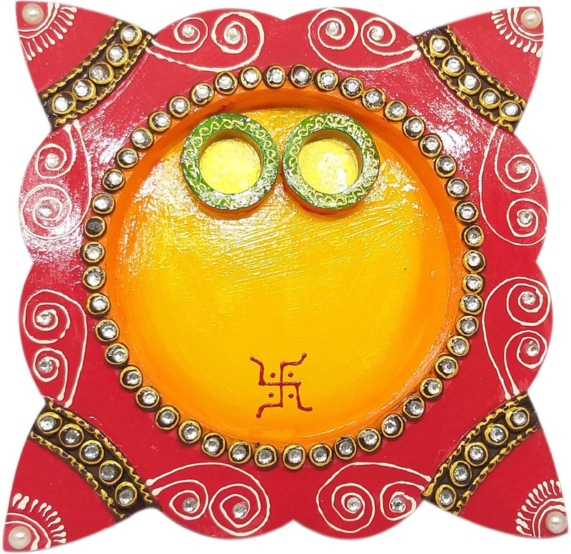 Natali Traders Handmade Woodcraft Decorative Kundan Art Work Printed Pooja Thali-Rakhi Pletter-Tilak Thali-Engagement Ring Platter (Red) Wooden(1 Pieces, Red)