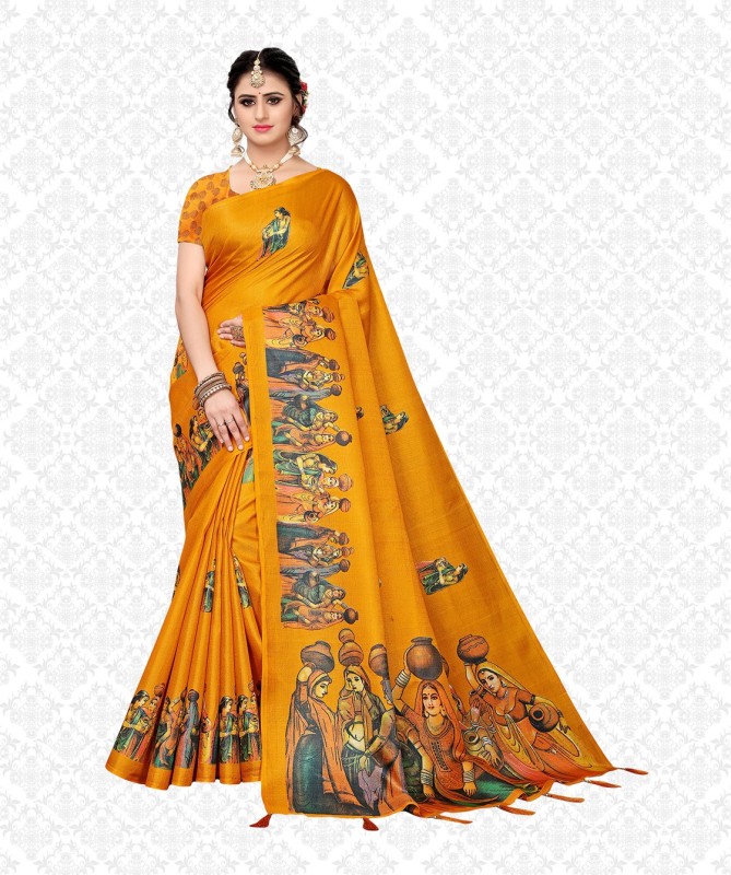 Divastri Printed, Self Design, Digital Print, Embellished Kalamkari Khadi Silk Saree(Yellow)
