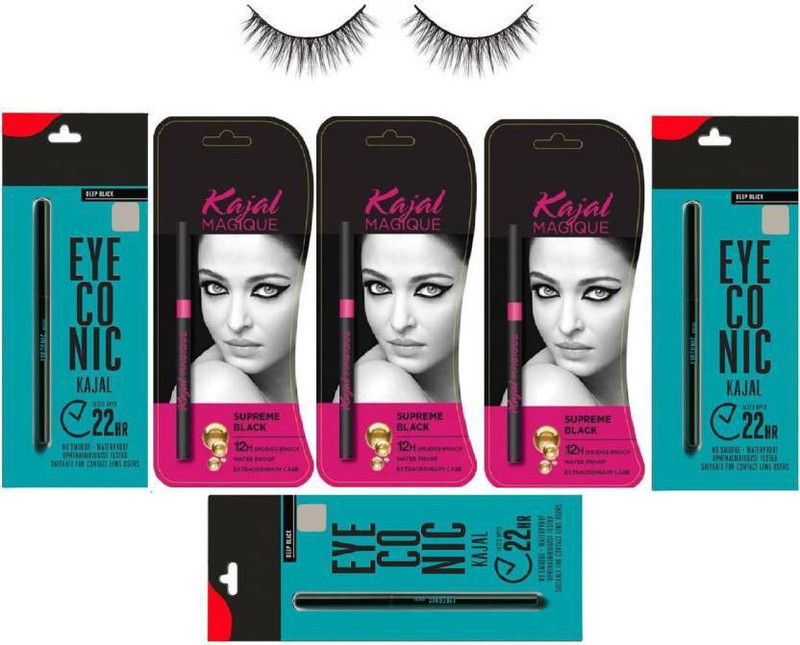 i khodal enterprise 3 iconic kajal and 3 black kajal with eyelashes(7 Items in the set)