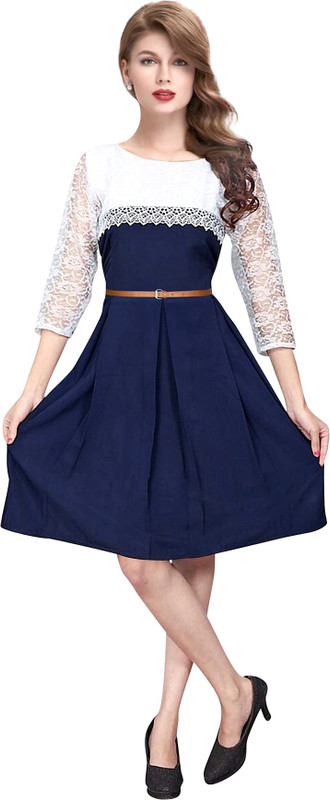 pahervesh Women Skater Blue, White Dress