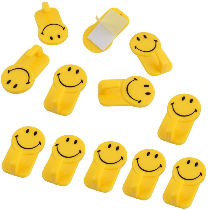 zahuu Plastic Self-Adhesive Smiley Face Hooks 1 - Pronged Hook(Yellow Pack of 12)