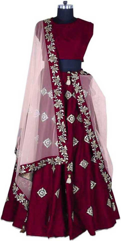 janvifashionflower Embroidered Semi Stitched Lehenga, Choli and Dupatta Set(Maroon)