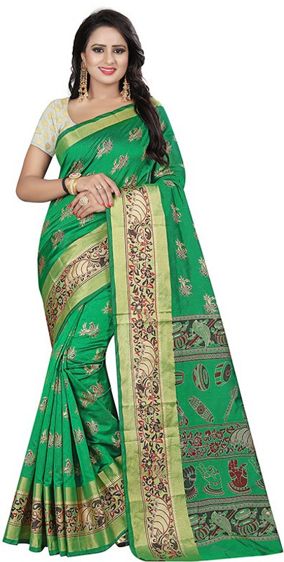 suman creation Hand Painted Handloom Poly Silk Saree(Light Green)