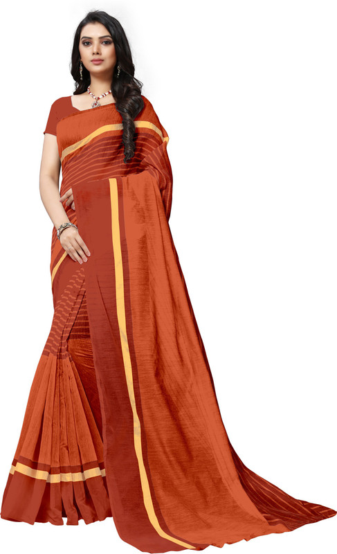 sarngin boutique Striped Guntur Polycotton Saree(Orange)