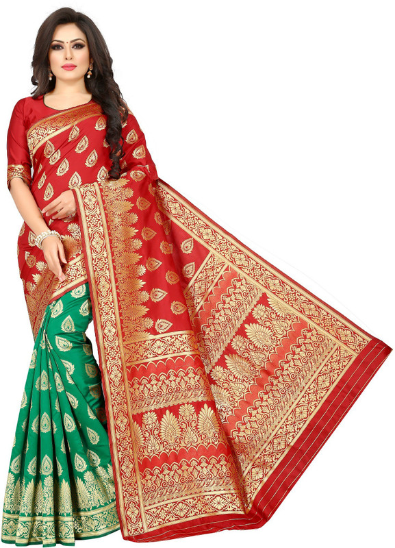 mangalam fashion Woven Banarasi Poly Silk Saree(Red, Green)