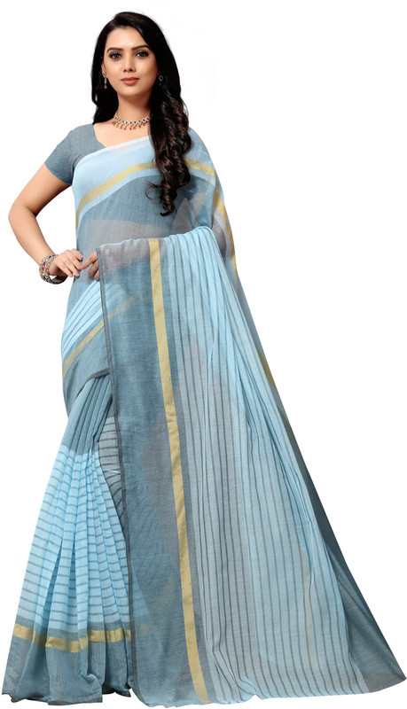 sarngin boutique Striped Guntur Polycotton Saree(Blue)