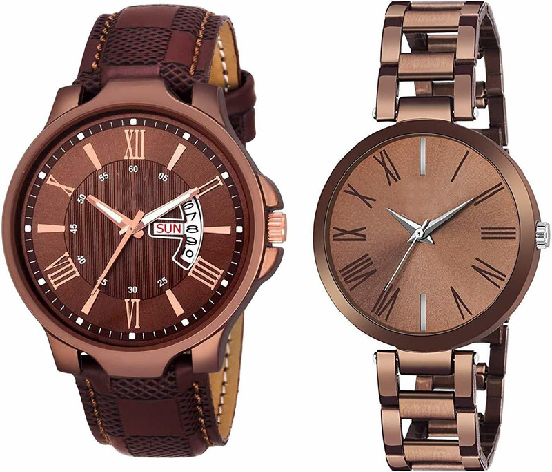 spirits Cop Brown & WOM 03 Brown Day And Date Attrective Man And Woman Combo Pack Of 2 Analog Watch  - For Men & Women