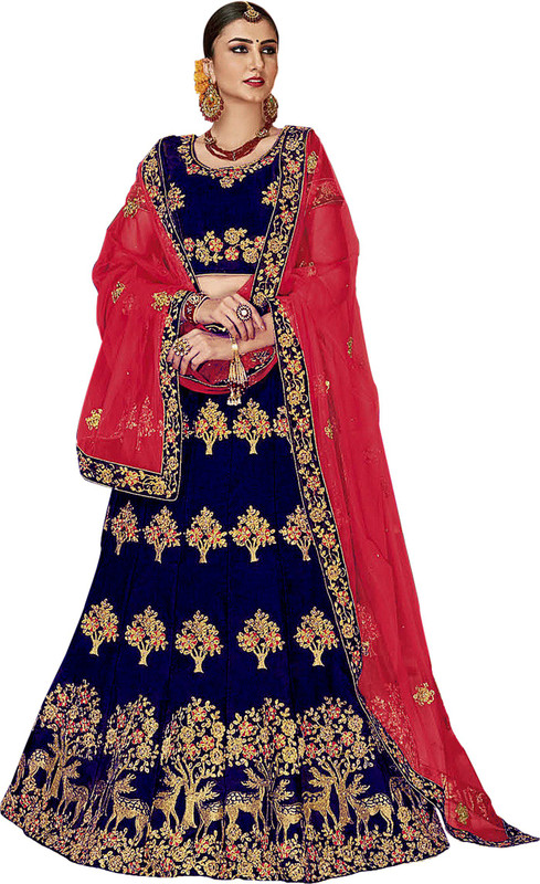 everwillow Embroidered Semi Stitched Lehenga, Choli and Dupatta Set(Dark Blue)