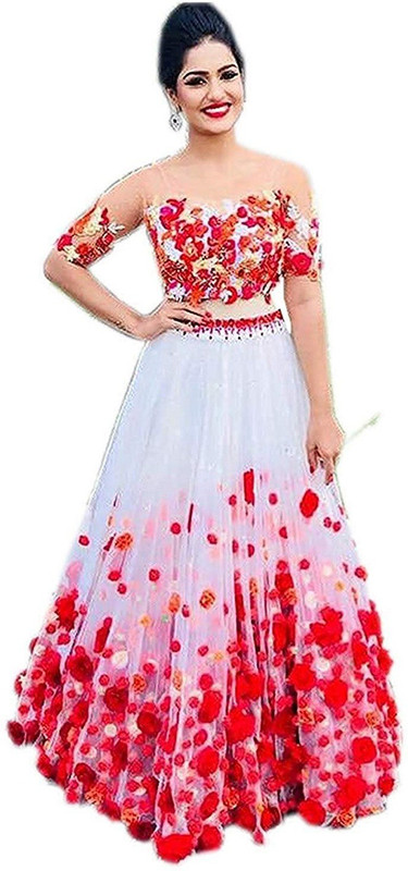 d fashion gallery Embroidered Semi Stitched Lehenga Choli(White)