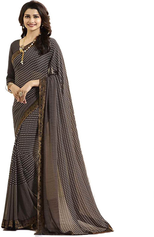 dhmponeenterprise Printed Bollywood Poly Georgette, Chiffon Saree(Brown)