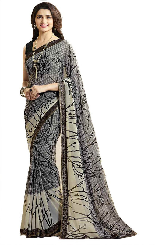 dhmponeenterprise Printed Bollywood Poly Georgette, Chiffon Saree(Grey)