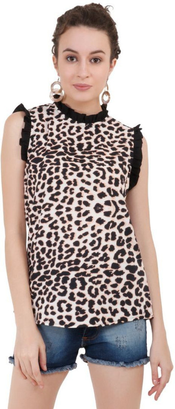 fab skyler Casual Sleeveless Animal Print Women Beige, Brown Top