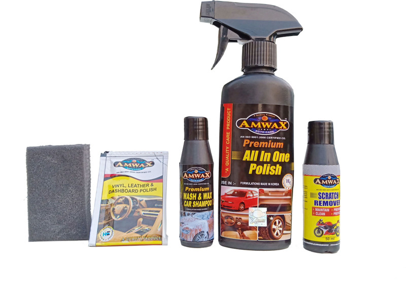 amwax All In One Polish 250 Ml, Wash and Wax 50 Ml, Scratch Remover 50 Ml, Dashboard Polish Pouch 10 Ml x 2 Pc., 1 pc Sponge Combo